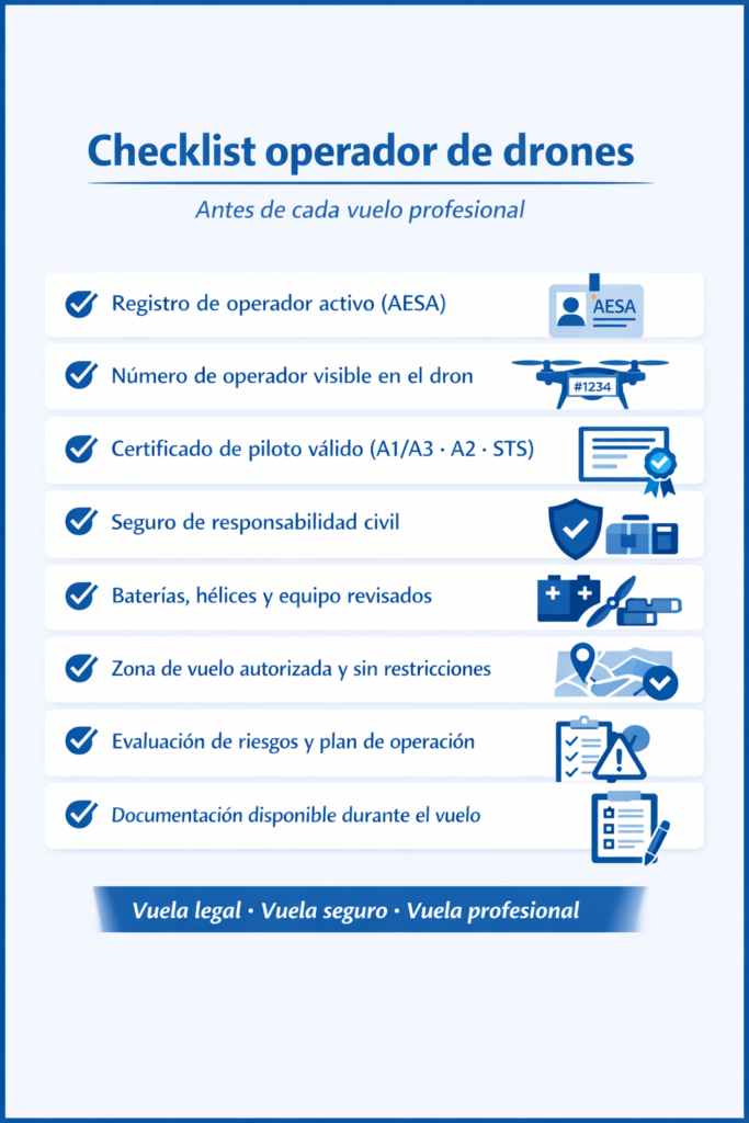 Checklist operador de drones en España antes de vuelo profesional con requisitos legales y seguridad